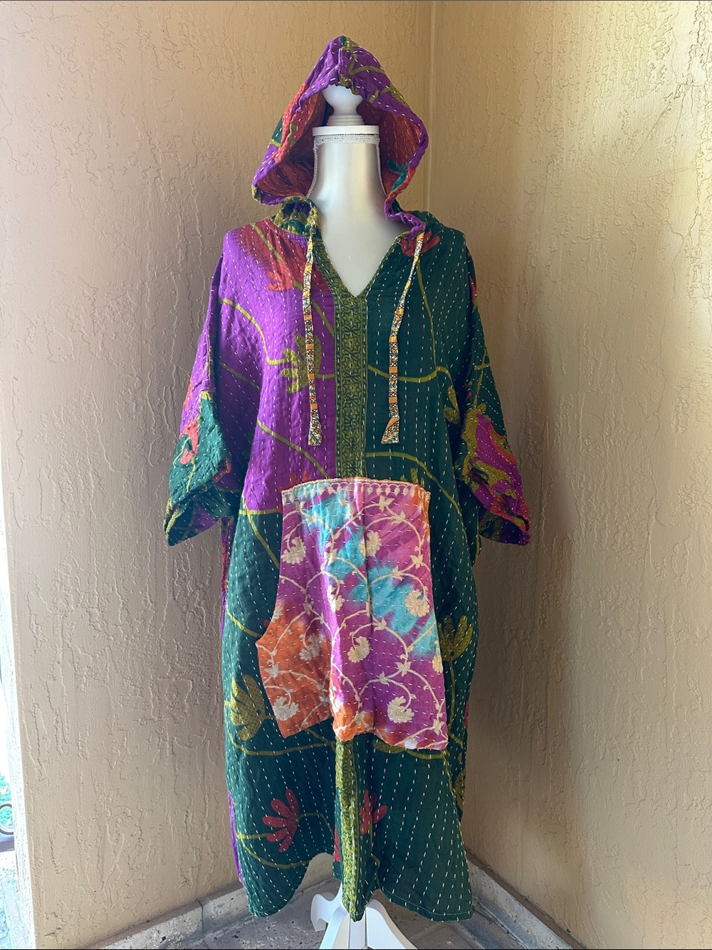 S1OAK Multicolor Patchwork Hooded Kantha Jacket - Green, Purple, Orange